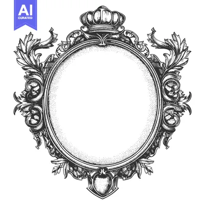 Aset premium populer: Ornate Black and White Crowned Oval Frame with Floral Details