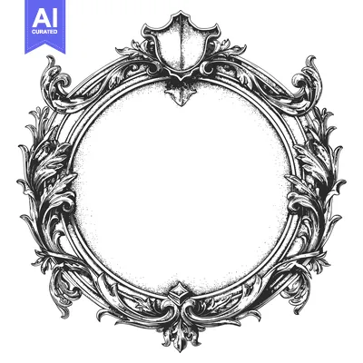 Aset premium populer: Ornate Circular Frame with Shield and Flourishes