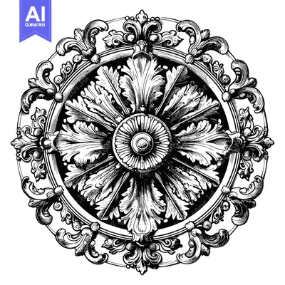 Aset premium populer: Intricate Black and White Ornamental Rosette with a Central Button