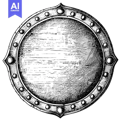 Aset premium populer: Hand-Drawn Sketch of a Circular Shield with Ornate Border