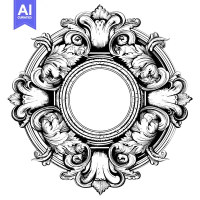 Aset premium populer: Ornate Black and White Circular Frame with Intricate Floral Details