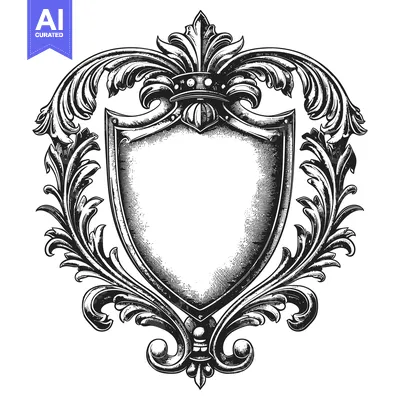 Aset desain premium: Ornate Shield with Crown and Flourishes