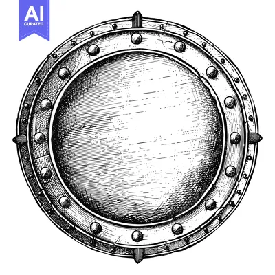 Premium design asset: Hand-Drawn Illustration of a Round Metal Shield with Rivets