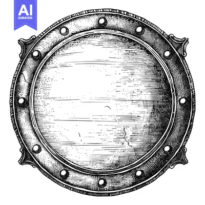 Aset premium populer: Hand-drawn Engraving of a Circular Metal Shield with Decorative Elemen