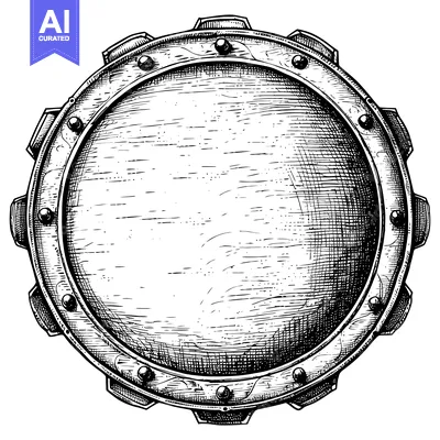 Aset desain premium: Hand-drawn sketch of a circular, ornate shield with rivets