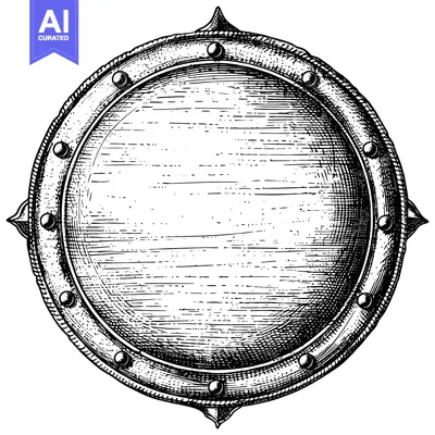 Aset premium populer: Hand-drawn illustration of a circular shield with rivets and a pointed