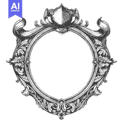 Aset desain premium: Ornate Round Frame with Shield and Floral Motifs