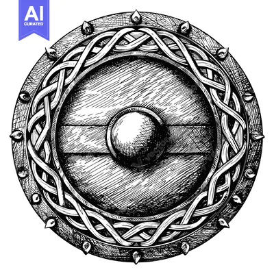 Aset desain premium: Hand-Drawn Illustration of a Circular, Spiked, Wooden Shield with Celt