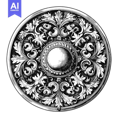 Aset desain premium: Circular Ornament with Intricate Floral Design and Central Circle