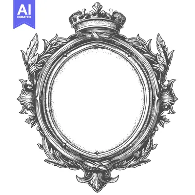 Aset desain premium: Ornate Circular Frame with Crown and Floral Motifs