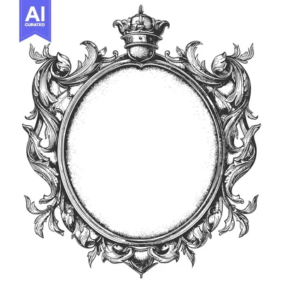 Aset desain premium: Ornate Crowned Round Frame with Floral Detailing