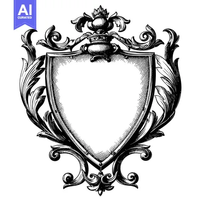 Aset premium populer: Ornate Black and White Shield Crest with Floral Details