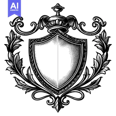 Aset desain premium: Ornate Shield Crest with Crown and Flourishes