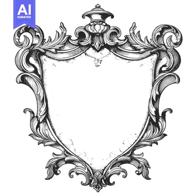 Aset desain premium: Ornate Black and White Shield with Flourishes