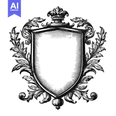 Aset premium populer: Ornate Black and White Shield Crest with Crown and Foliage