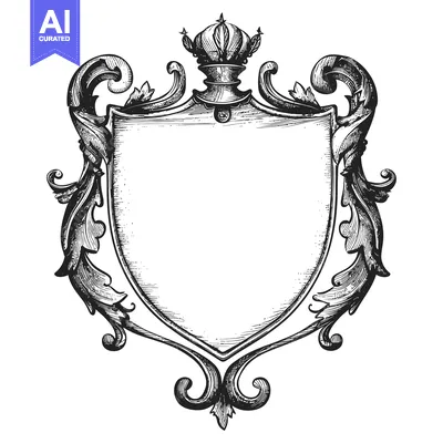 Aset desain premium: Ornate Shield with Crown and Flourishes