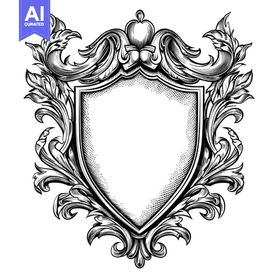 Aset desain premium: Ornate Black and White Shield with Flourishes