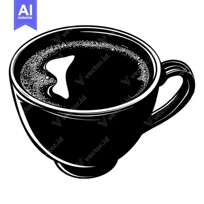 Aset desain premium: A Black and White Silhouette of a Coffee Mug with Foam