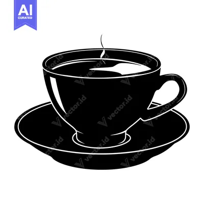 Aset desain premium: A Black and White Illustration of a Cup and Saucer with Steam Rising