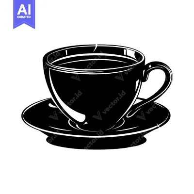Aset premium populer: A Black and White Illustration of a Coffee Cup and Saucer