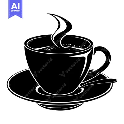 Aset premium populer: A steaming cup of coffee on a saucer with a spoon