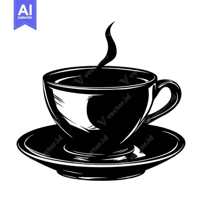 Aset desain premium: Black and White Illustration of a Steaming Cup of Coffee with a Saucer