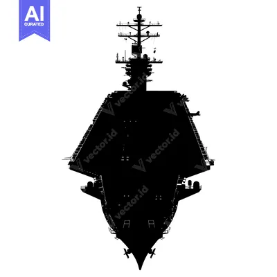 Aset desain premium: Black and White Silhouette of an Aircraft Carrier Viewed from Below