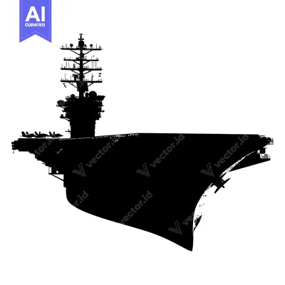 Aset desain premium: Black and White Silhouette of an Aircraft Carrier with Two Jet Fighter