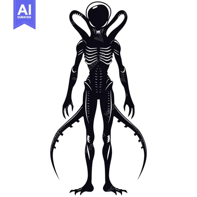 Black and White Silhouette of a Standing Alien with Sharp Claws and Te