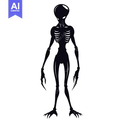 Aset desain premium: Black and White Silhouette of an Alien with Claws and a Rib Cage