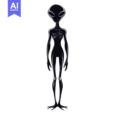 Popular premium asset: Black and White Illustration of a Tall, Skinny Alien with Large Eyes
