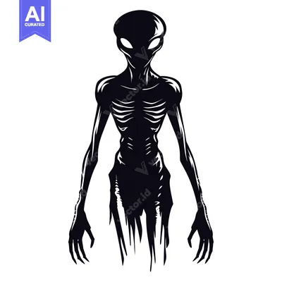 Aset desain premium: Black and White Silhouette of a Tall, Thin Alien with Claws