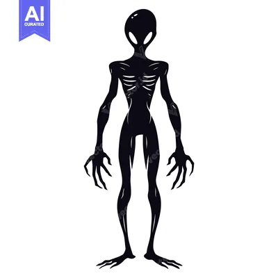 Black and white silhouette of an alien with clawed hands and feet