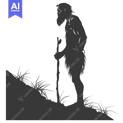Aset desain premium: Silhouette of a Primitive Man with a Stick Standing on a Hillside