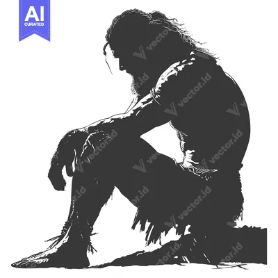 Aset desain premium: Silhouette of a Bearded Man Sitting with Long Hair