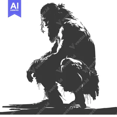 Aset premium populer: A Silhouetted Man with Long Hair and a Beard, Squatting on the Ground