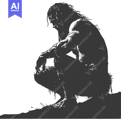 Premium design asset: Silhouette of a Primitive Man Sitting on a Hill