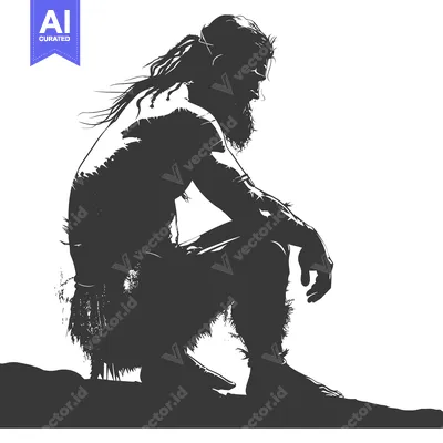 Aset desain premium: Silhouette of a Primitive Man Sitting on a Hillside
