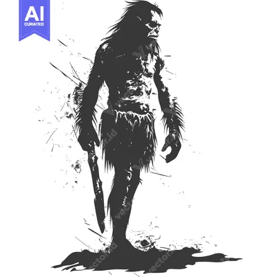 Aset desain premium: A Silhouette of a Prehistoric Human with a Weapon