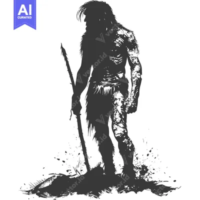 Aset desain premium: Silhouette of a Primitive Hunter with a Spear