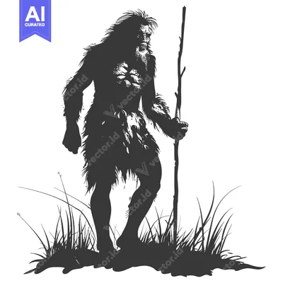 Aset premium populer: Silhouette of a hairy, muscular, prehistoric man holding a stick in ta