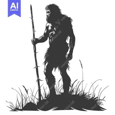 Premium design asset: A Silhouette of a Primitive Man with a Staff Standing in Grass