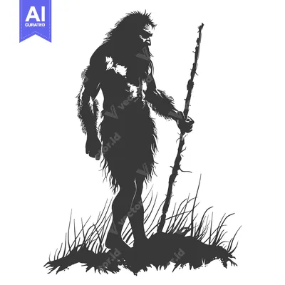 Popular premium asset: Silhouette of a Hairy Primitive Human Holding a Stick