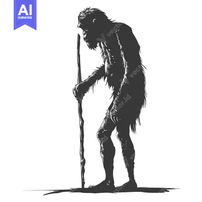 Aset desain premium: A Silhouetted Neanderthal Holding a Stick