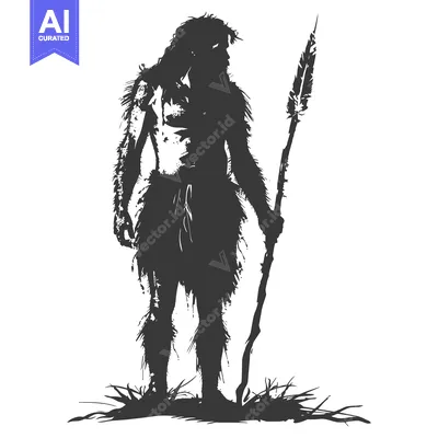 Aset desain premium: Silhouette of a Primitive Man Holding a Spear