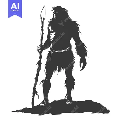 Aset desain premium: Silhouette of a hairy, primitive humanoid holding a spear