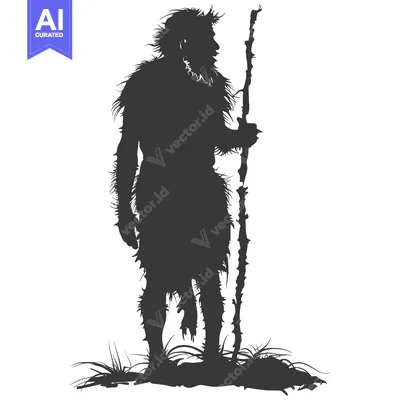 Aset desain premium: Silhouette of a Primitive Human Figure Holding a Stick