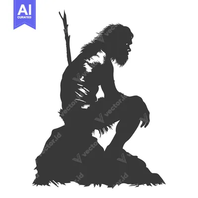 Aset desain premium: Silhouette of a Neanderthal Man Sitting on a Rock with a Stick