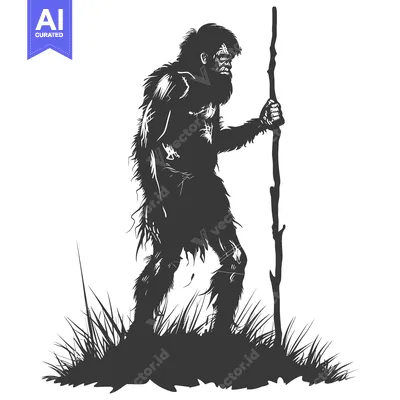 Silhouette of a Primitive Man with a Stick in Grass