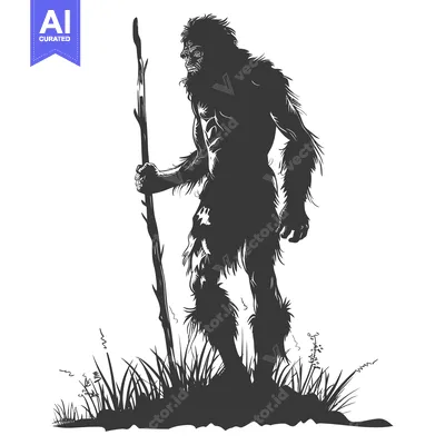 Silhouette of a hairy, bipedal creature holding a stick in a grassy ar